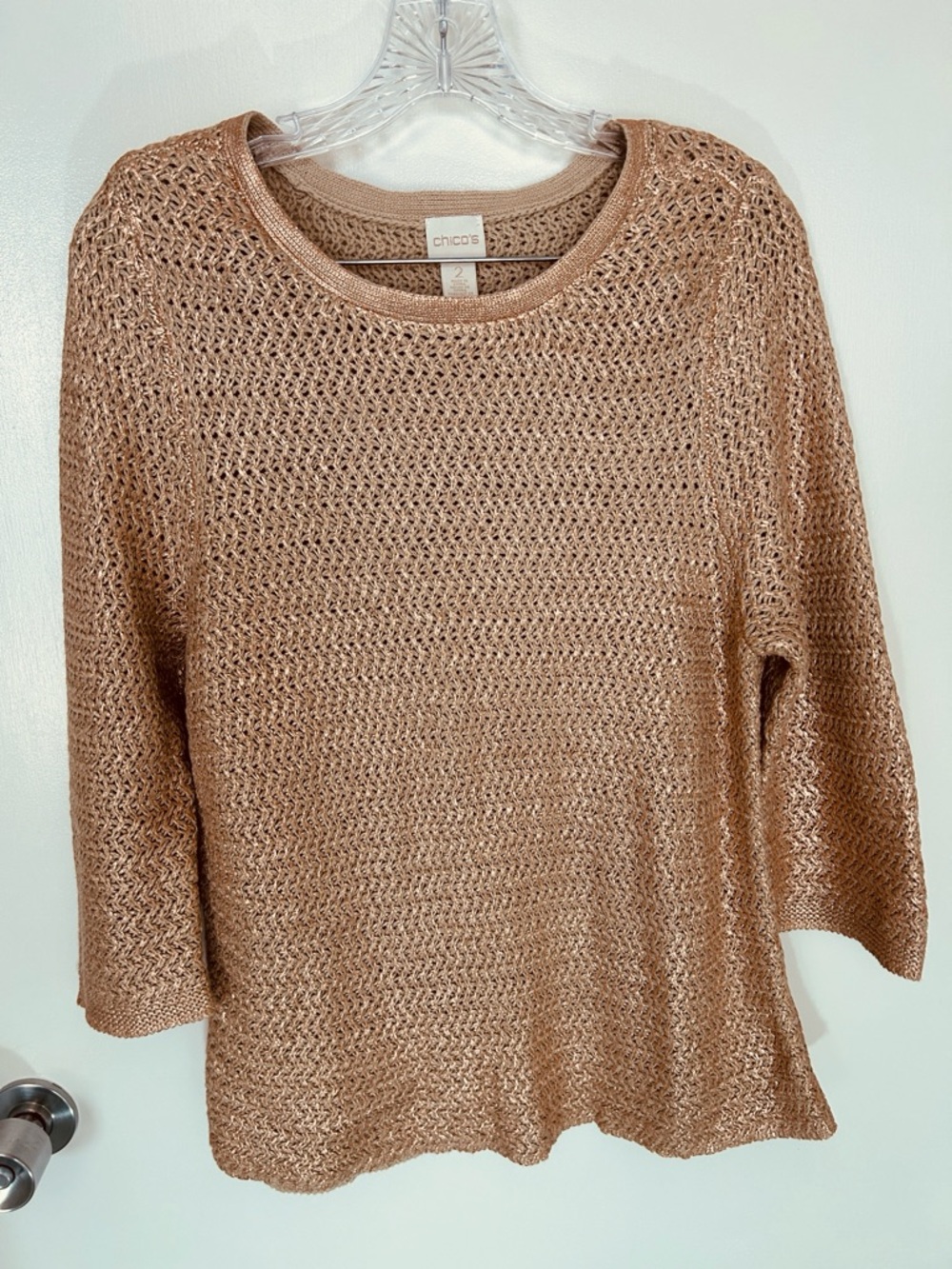 Chico's Open-Knit Scoop Neck Sweater in Gold/Copper sheen color, size 2 (10/12)